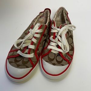 Coach monogram with patent leather red trim sneakers
